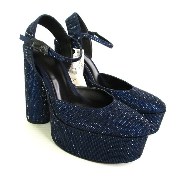 New ZARA Blue Rhinestone Detail Platform Ankle Strap Sandals Shoes Sz 10 EU 41 - Picture 1 of 11